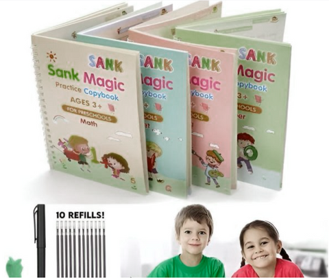 Pack Of 4 Sank Magic Book Practice | Tracing Handwriting First Pre-school Baby Learning Books For Kids (4 Books + 1 Magic Pen With 10 Ink Refills)